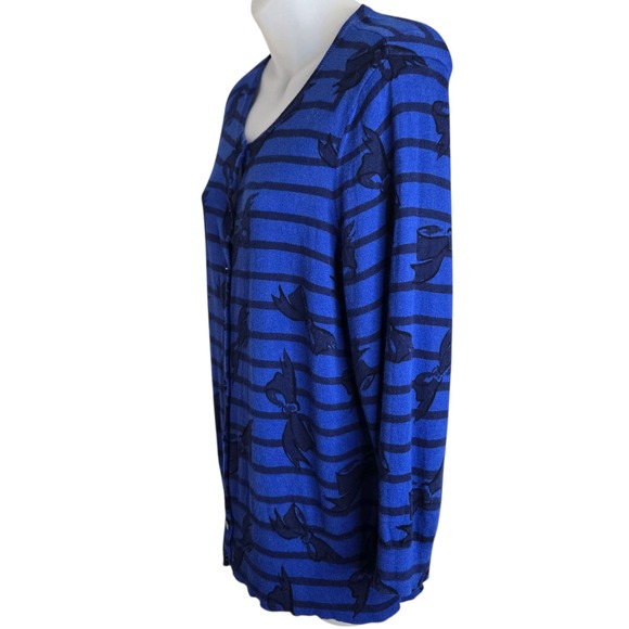 Ann Taylor Womens Cardigan XL Blue Cotton Striped‎ Bow Print Button Sweater Top - Picture 4 of 9